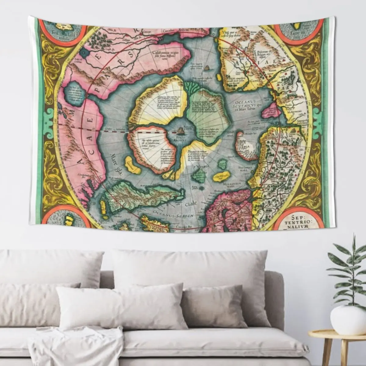 

First map of the North Pole - 1606 Mercator Hondius Tapestry Art Mural Wall Coverings House Decor Carpet Wall Tapestry