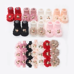 1Set fasce floreali per neonati calzini medi New Baby Toddler Soft Prewalker Sock Girl Infant Cute calzini per capelli in cotone lavorato a maglia