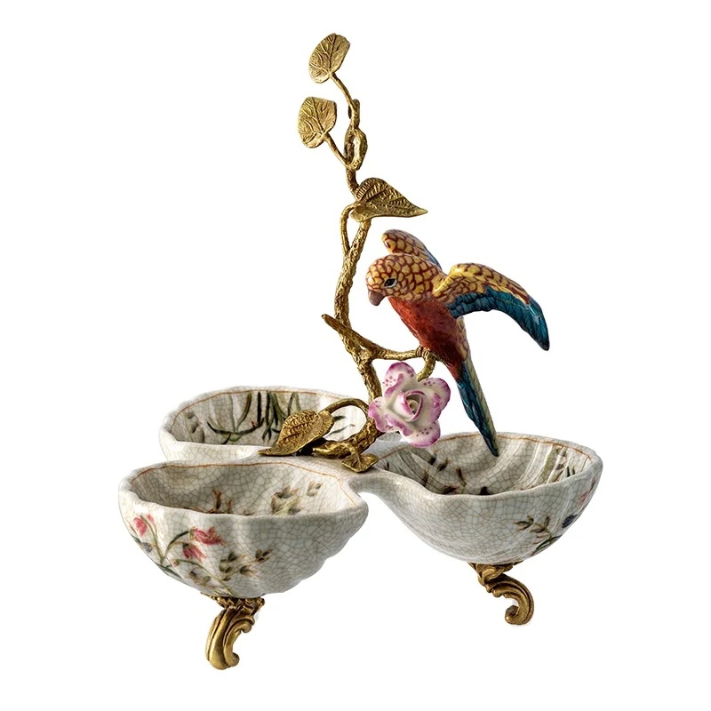 

American Home European Classical Ceramics with Copper Decorative Fruit Plate High-end Luxury Fruit Basin Double Handle