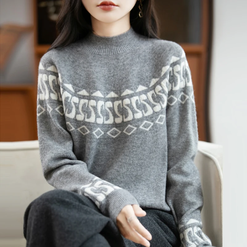 

Women's Mock-neck Pullover 100% Merino Wool Knitwear Sweater Autumn Winter Thick Chic Color Block Pure Wool Sweater Female Top