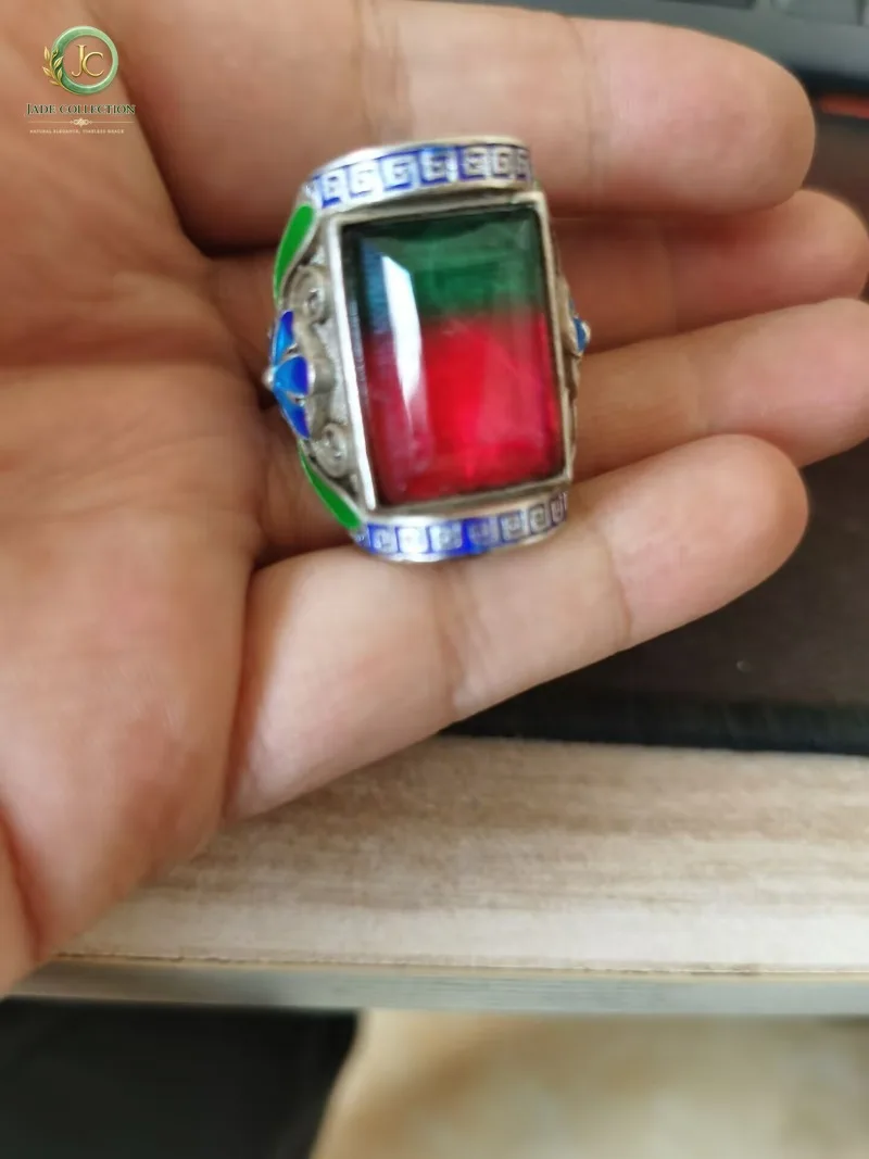 Antique Old Silver Ring, Inlaid Three-Color Tourmaline Gemstone, Adjustable Open Band, Vintage Patina Jewelry