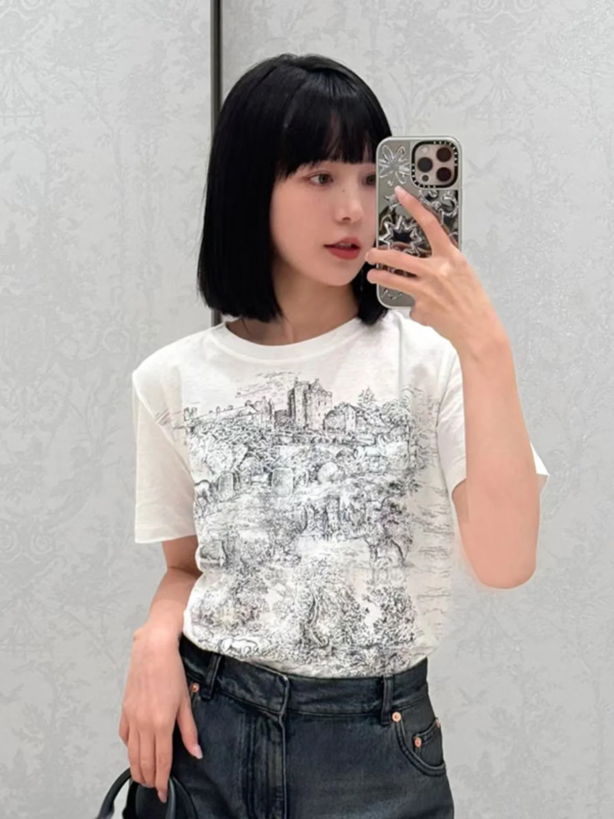 

High-End Linen Cotton Blend round Ne ort Sve T-irt Women's Spring White Lacape Print Casual Loose Fit Top
