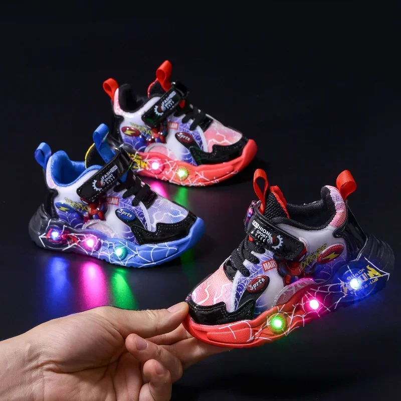 Disney Boys Casual Shoes Led Lights Breathable Children\'s Sports Fashion Cartoon Spiderman Shoes Sneakers Size 21-30