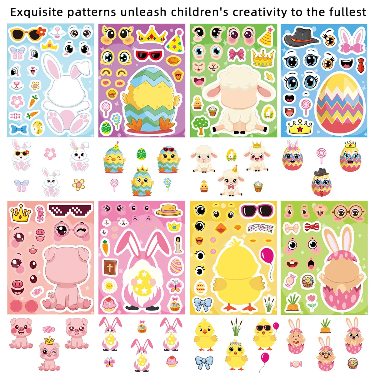 

8/16Sheets Easter Egg Rabbit Puzzle Stickers Toys Make a Face Funny Assemble Jigsaw Decals Party Cartoon Decoration Kids Gifts