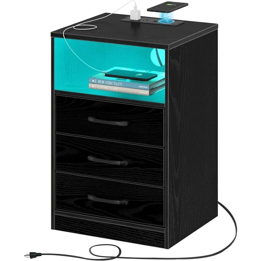 

Seventable Nightstand with Wireless Charging Station and LED Lights, Modern End Side Table with 3 Drawers