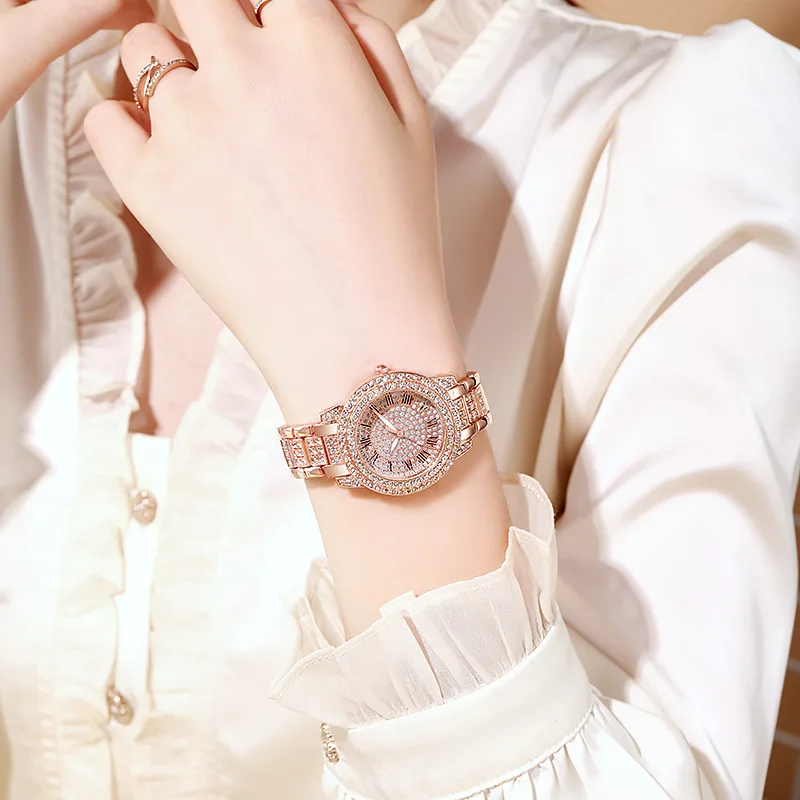 Elegant Women Electronic Watch Rose Gold Roman Numerals Full Diamond Quartz Watch Wholesale