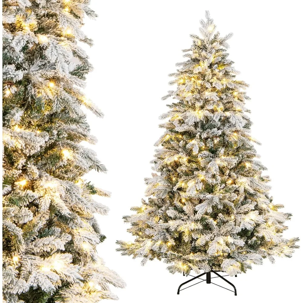 

Christmas Tree 6ft Pre-Lit Snow Flocked Artificial Hinged Xmas with Branch Tips PE & PVC Mixed Leaves Warm-White Christmas Trees