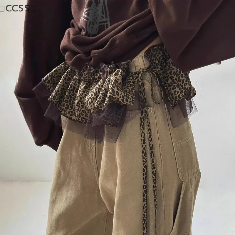 [CC55」 أزياء ريترو ليوبارد طباعة شبكة حزام المرأة شيك الدانتيل تكدرت طبقات تنورة الخصر