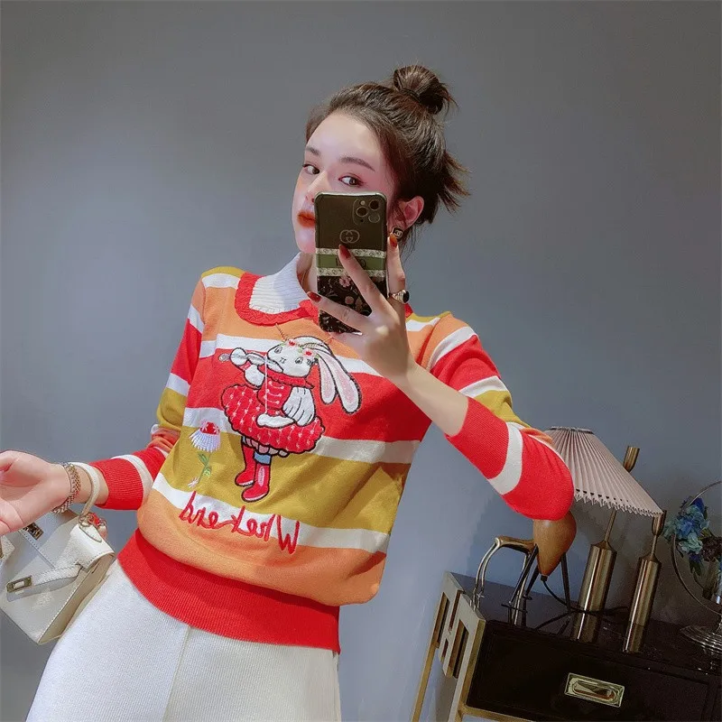 Bunny Embroidered Stylish Sweatr Women Striped Knitted Pullover Jumpers Long Sleeve Contrast Color Fashion Chic Vintage Knitwear