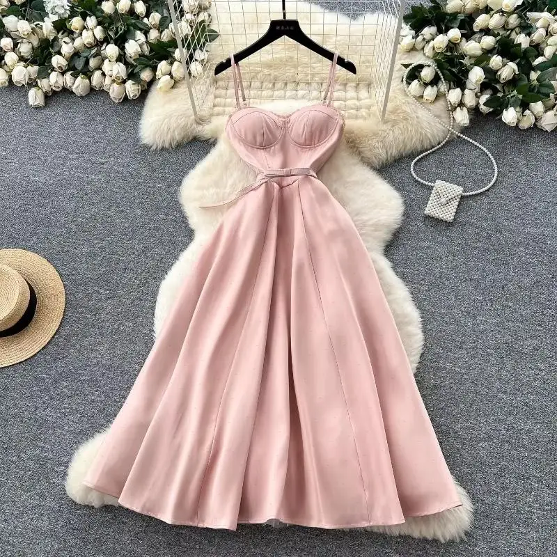 Sling Dress Women Dresses A Line Vestidos Strapless Belt Tight Waist Elegant Splice Evening Y2k Streetwear Dating 2026 Summer
