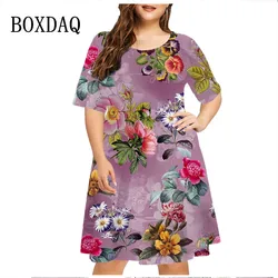 2023 Vintage Tie Dye Flowers Plant Print Dress Women Plus Size Summer Dresses Short Sleeve O-Neck Loose Casual Sundress Female