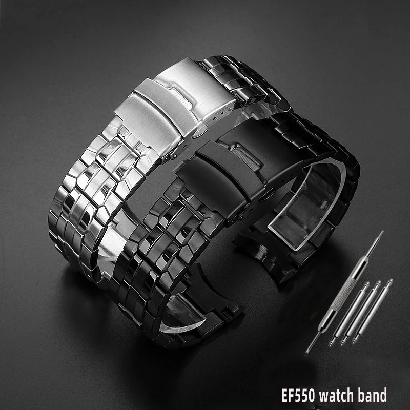 For Casio EF-550  Stainless Steel Watchband 22mm Silver Strap Deployment Buckle Bracelet Metal Belt Men\'s Watch Chain