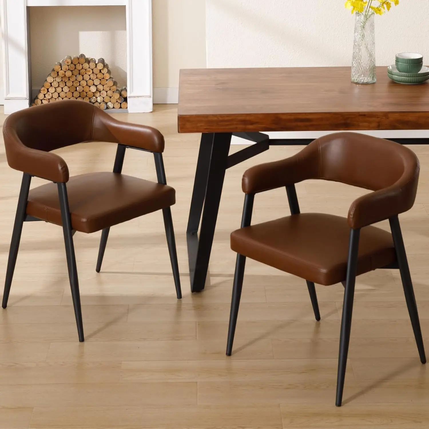 

Modern Dining Chairs Set Of 2, Pu Leather Open Ba Dining Room Chair With Bla Metal Legs Upholstered Side Chairs Comfy Reception