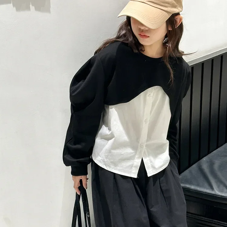 Autumn 2024 Girls Outfits Set Black White Patchwork Shirt Casual Pants Two Pieces Teenage Children Clothing Set 10 12 13 Years