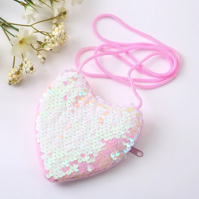 Princess Sequins Heart Shape Baby Bag Cute Solid Color Kid Coin Purse for Toddler Girl Shiny Children Shoulder HandBags