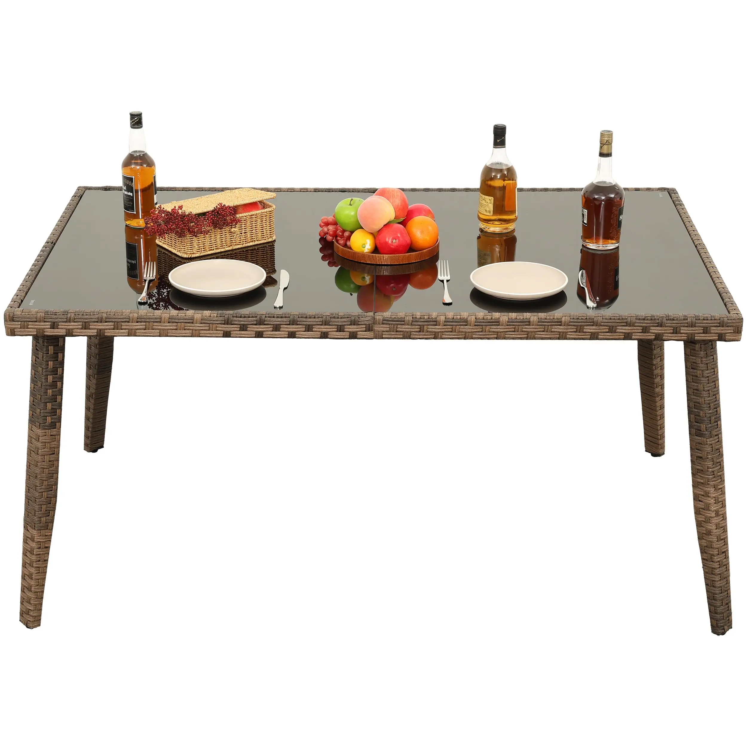 Wicker Patio Dining Table for 6 Rattan Outdoor Dining Table with Tempered Glass Tabletop 60 * 36 inches for 6 Person