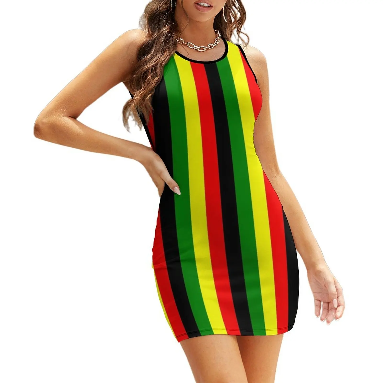 

Rasta Colors Red Green GoldBright Colored Striped Pattern Sleeveless Sundress evening dress ladies clothing women summer 2025
