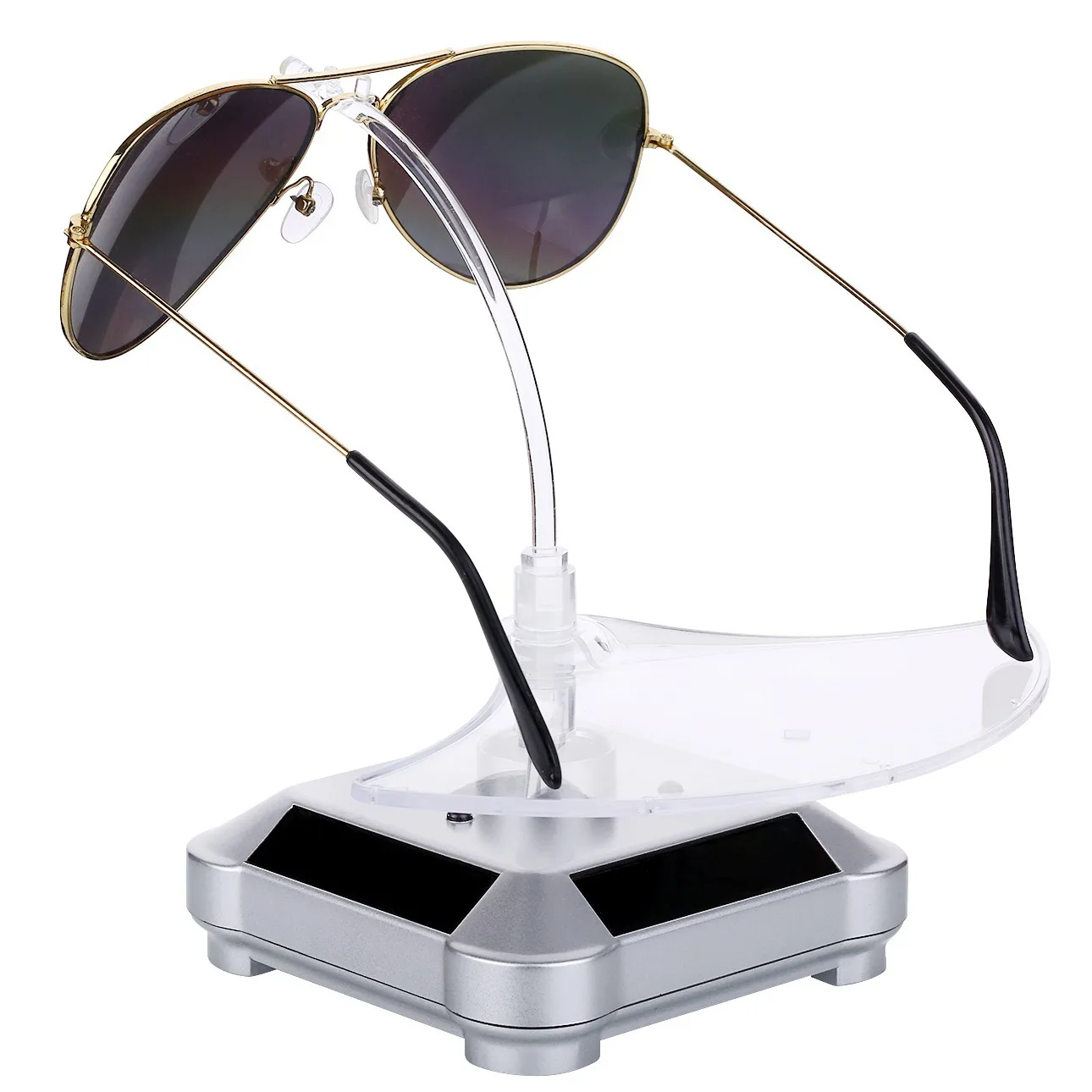 New Solar Powered Glasses Rotating Display Stand Holder 360 Turntable Curve Presentation Showcase Colorful LED lights
