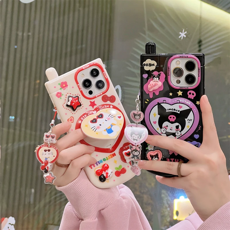 3D Cute Cartoon Sanrio Hello Kitty Kuromi Hide Makeup mirror Phone Case For iPhone 15 14 13 12 11 Pro Max Soft TPU Cover