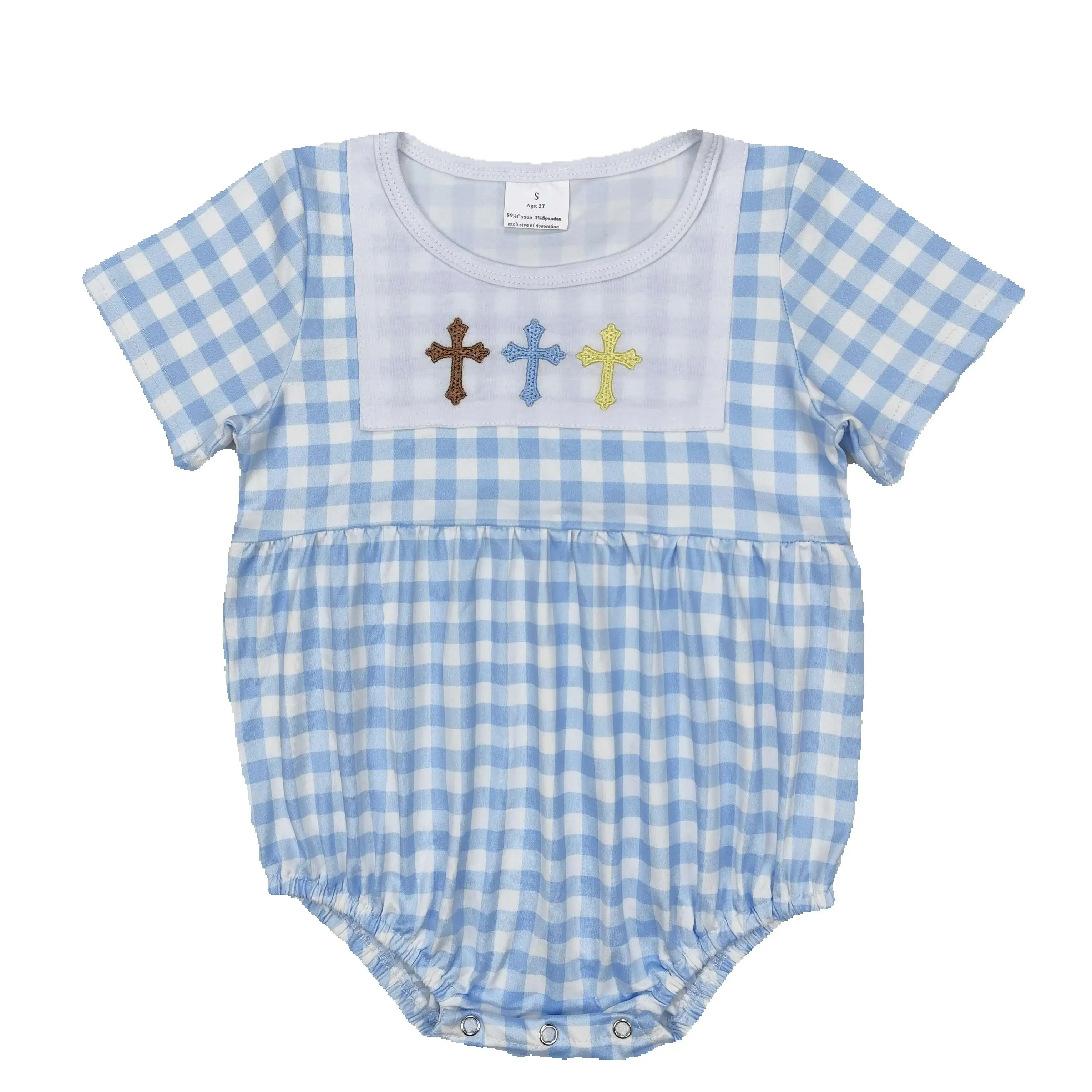

SR2134 Baby Infant Boys Easter Blue Checkered Cross Rompers
