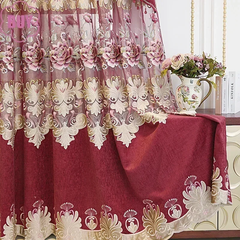 

European Embroidered Elegant Curtains for Living Dining Room Bedroom Luxury Snowy Red Valance Tulle Custom Size