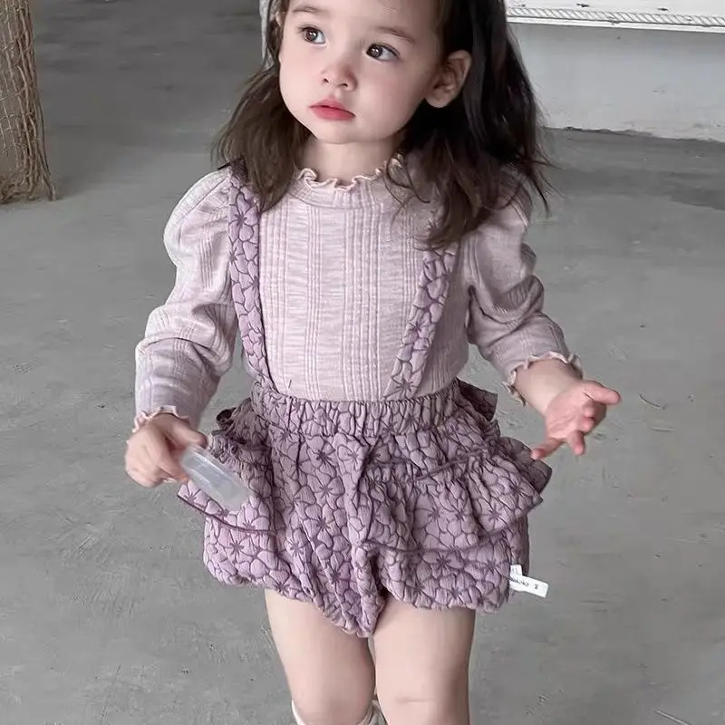 Spring Autumn Baby overalls Toddle girls Purple Jumpsuit Shorts children leisure pants kids overalls outfits Lapel T-Shirt Sweet