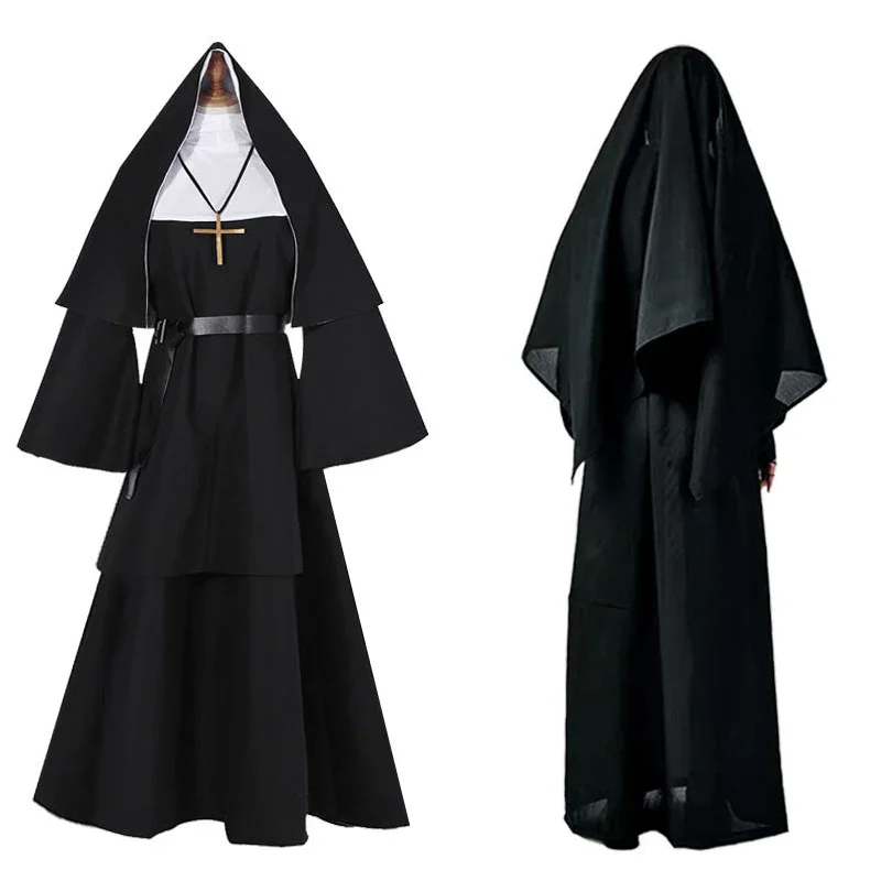 2025 New Nun Costume Women Men Halloween Long Robes The Conjuring Black Outfit Masks Horror Ghost Cosplay Costum abc