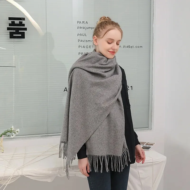 200*70cm Thick Warm Soft Solid Wool Spinning Shawls Gray Color Scarve Winter Scarf Versatile Large Shawl Long Tassel Women Scarf