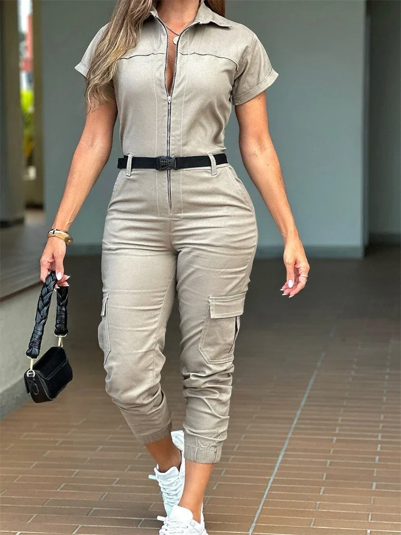 Streetwear Kombinezony Jesień Ubrania 2024 Kobiety Krótki Rękaw Długie Spodnie Styl Safari Rompers Playsuits One Pieces Kombinezony Stroje