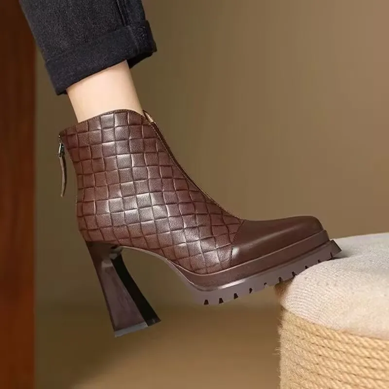 

Platform High Heel Pointed Toe Women 2025 Fall Winter New Block Heel Retro Rear Zipper Casual Booties