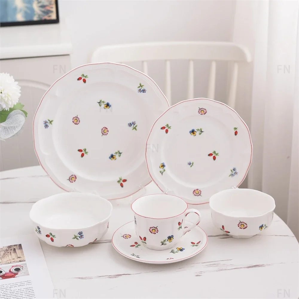Floral Ceramic Tableware Teapot Sugar Milk Pot Cup And Saucer Deep Plate Soup Plate Salah Bowl Kitchen Supplies Tableware