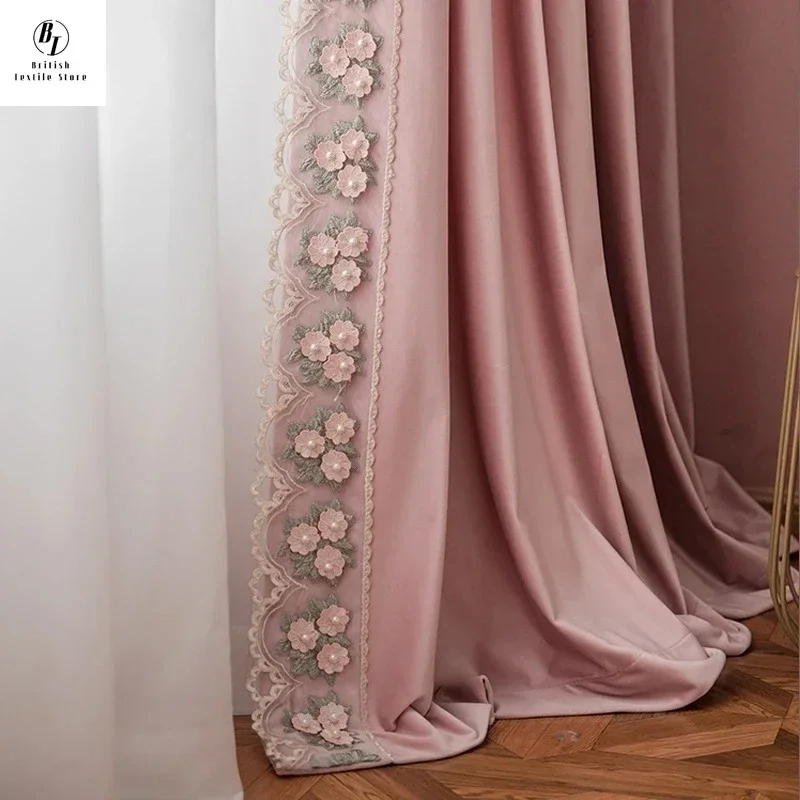 Custom  Size！！French Light Luxury Lace Velvet Pink Princess Style Blackout Curtains for Living Dining Room Bedroom Decor Window