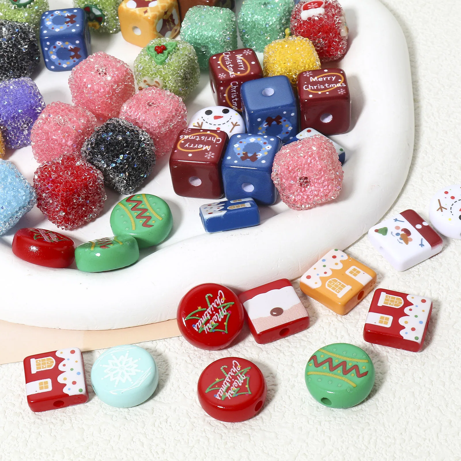 5-10pcs Christmas Acrylic Beads Christmas Santa Claus Snowman Round Mixed Color Spacer Beads For DIY Jewelry Making Necklace