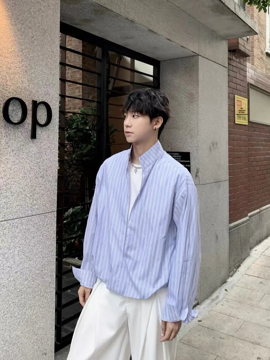 

Корейский высокий nce полосатый воротник-стойка, искусственный двухсекционный длинный све, мужской повседневный свободный одяг CleanFit, дышащий, летний