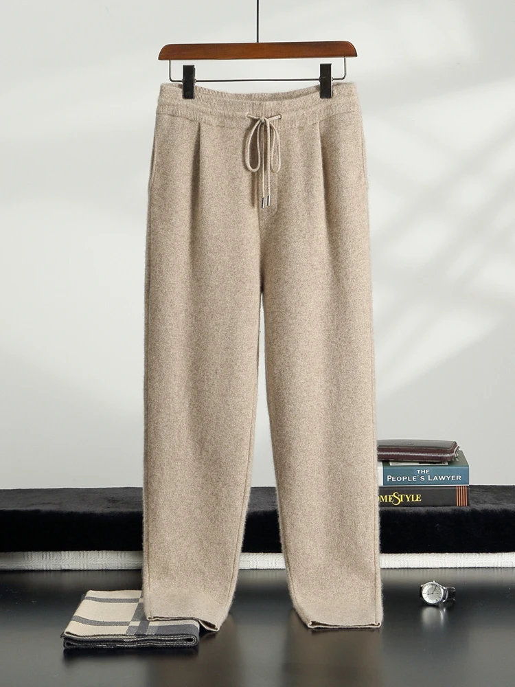 

Yoyoselect осенне-зимние мужские брюки-карандаш из 100% кашемира, толстые теплые элегантные повседневные брюки с эластичной резинкой на талии, роскошные кашемировые брюки