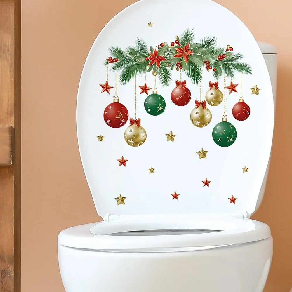 Christmas Hanging Ball Toilet Stickers Xmas Star Balls Sticker Merry Christmas Home Toilet Decor Stickers Happy New Year 2025