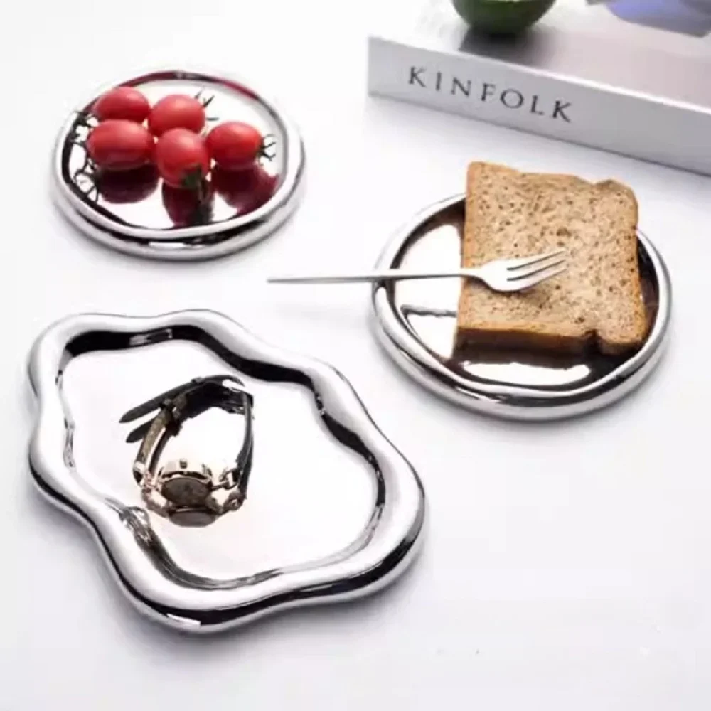 Ins Simple Storage Tray Silver Ceramic Jewelry Tray Decorative Tray Arrangement Creative Plating Jewellery Tray