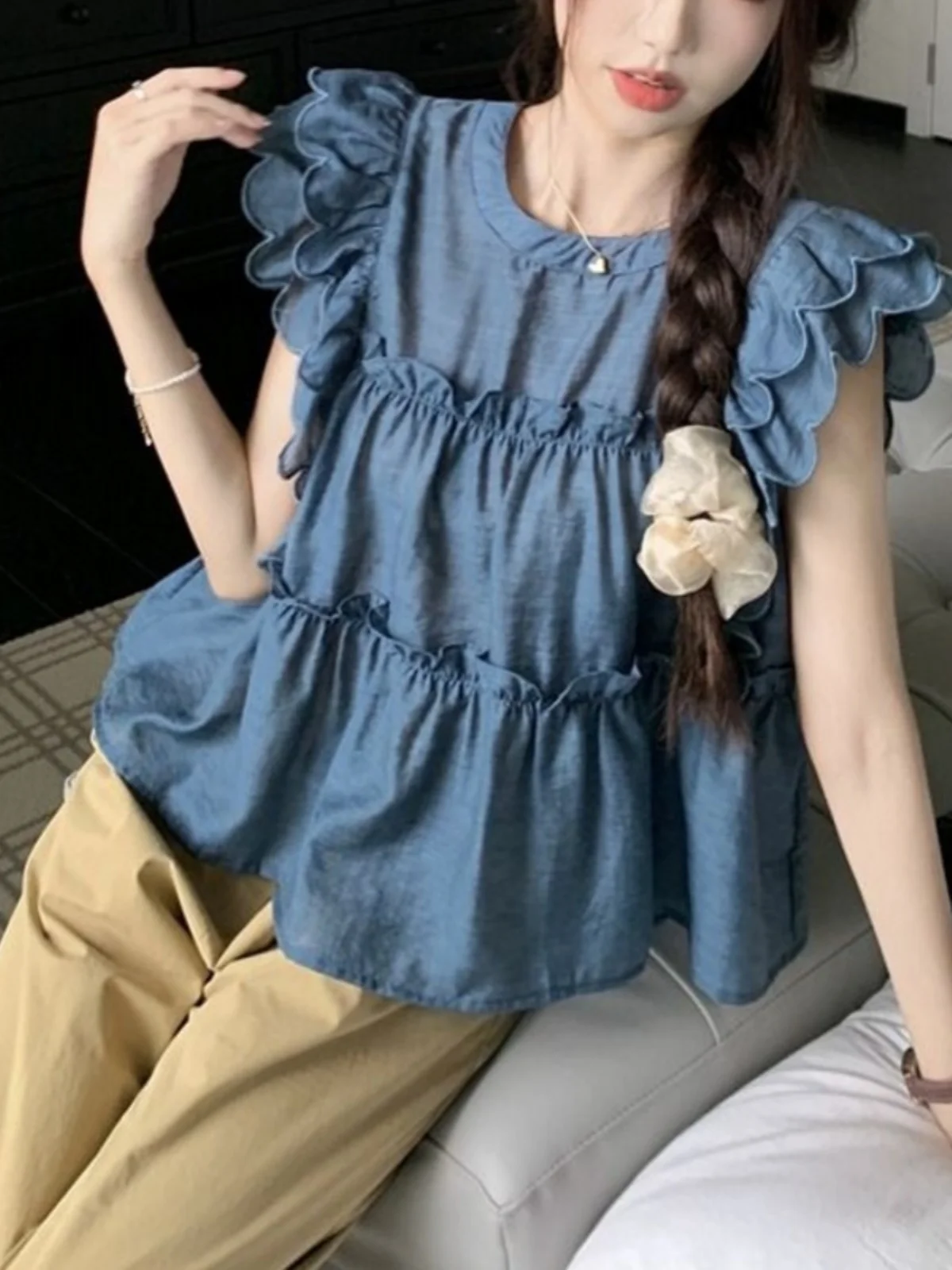 

Корейская женская летняя блузка с коротким рукавом, плиссированная, с кружевом, однотонная, для повседневной носки