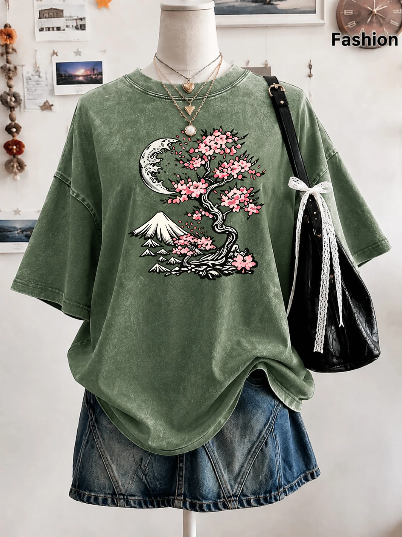 Japanese Tokyo Cherry Blossom Fuji Mountain Print Women'S Washed T-Shirt Summer O-Neck Tee Shirt Cotton Loose Clothes Korean Top