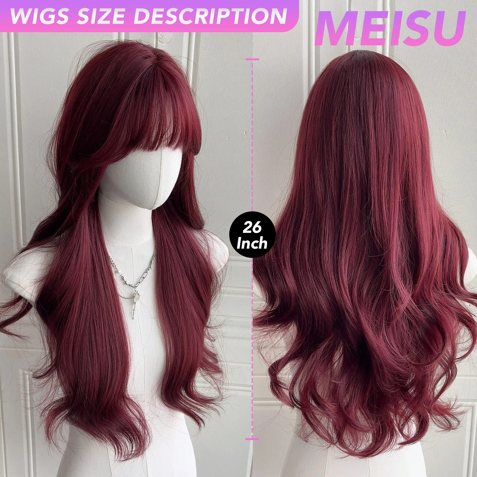 MEISU 26 بوصة الاصطناعية مجعد موجة الانفجارات شعر مستعار ألياف حمراء وردية مقاومة للحرارة الطبيعية وسلسة هالوين تأثيري للنساء #3