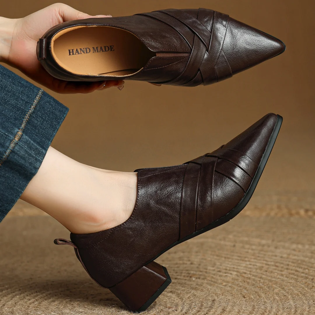 

Женские туфли-лодочки без шнуровки из овчины с острым носком, толщина 4,5 см, на среднем каблуке, высокое качество, мягкие элегантные женские туфли на каждый день в стиле OL, хит продаж