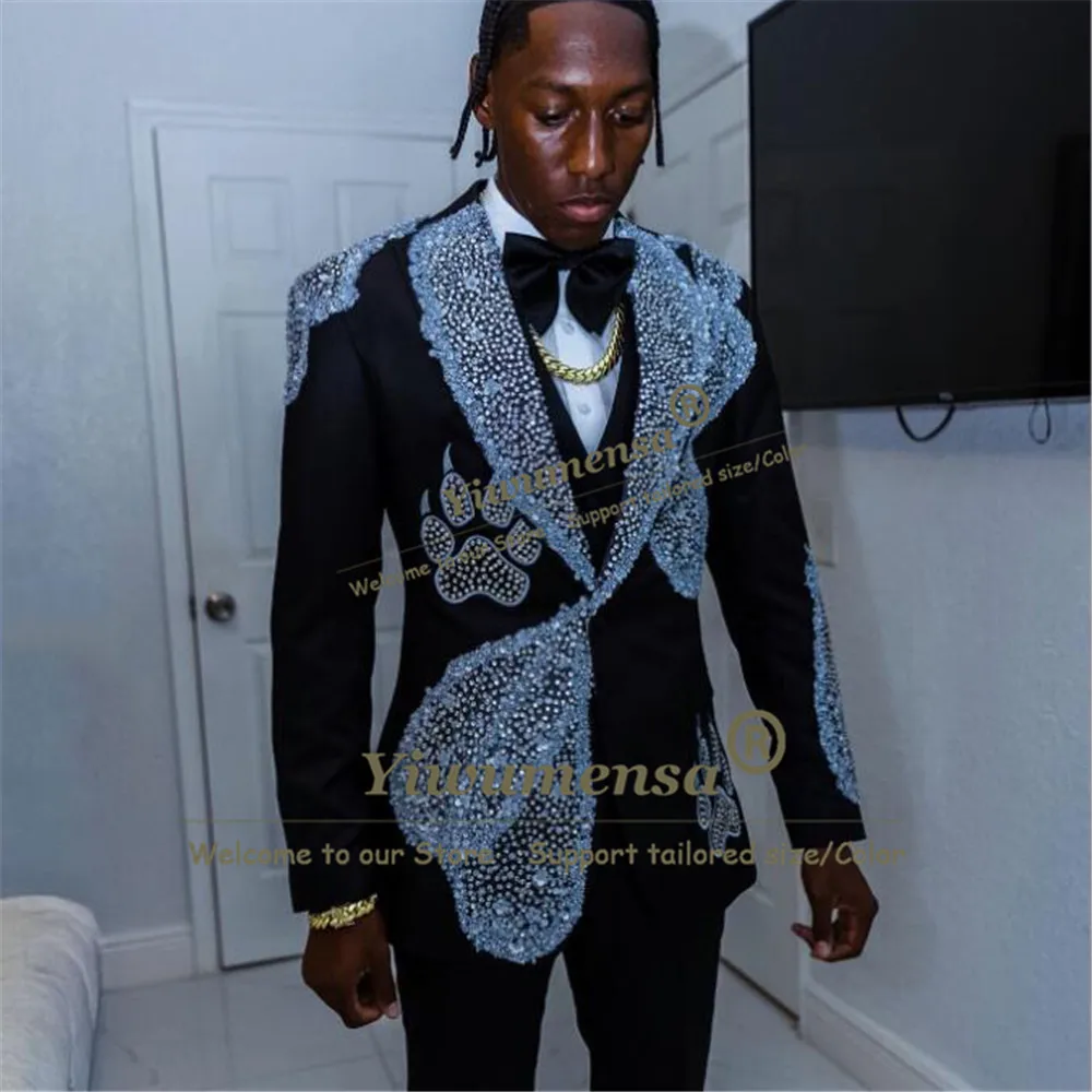 Luxury Groom Wedding Tuxedo Suit For Man Sparkly Crystals Beaded Jacket Waistcoat Pants 3 Piece Male Fashion Red Carpet Outfits