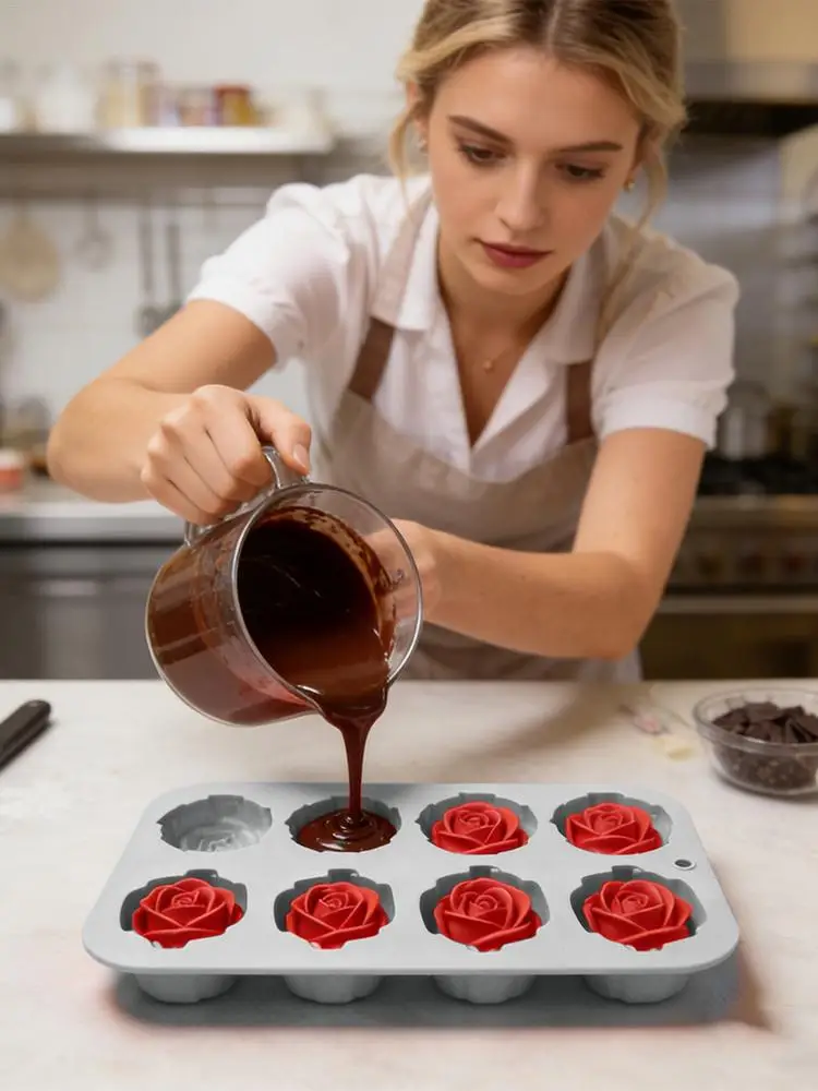 8-Cavity Silicone Rose Cake Mold Nonstick Reusable Baking Pa