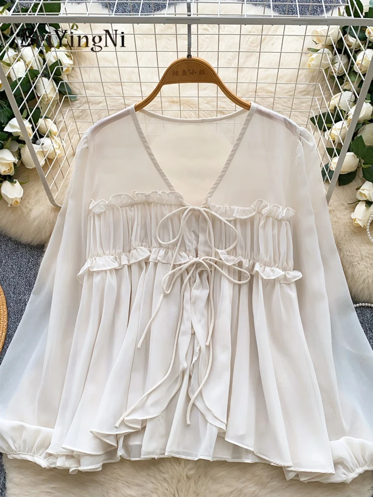 

Beiyingni Chiffon Blusas Women 2025 New Fashion Korean V-neck Lantern Sleeve Mesh Shirts for Woman French Elegant Gentle Blouses