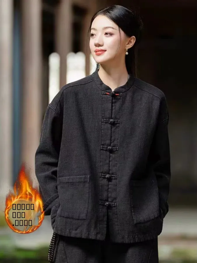 Neue chinesische Sle Zen Baumwolle Leinen Damen Jaet Herbst Winter Regular Fit Long Sve irt Fem Faion Damenbekleidung