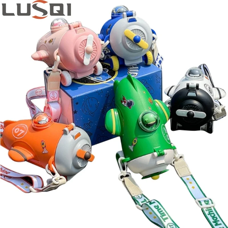 LUSQI Children's Airplane Straw Cup Tritan Material Shock-Resistant Crossbody Strap Creative Toy Cup For Kindergarten Students