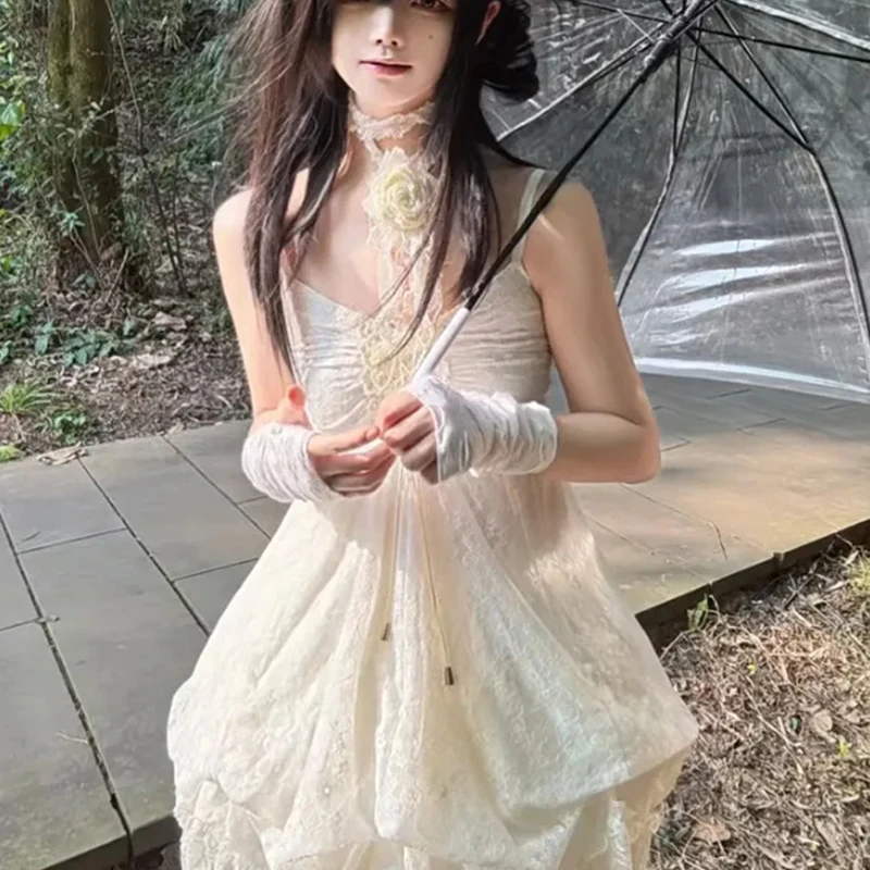 ลูกไม้ Sweetheart สีขาว Camis ฤดูร้อนญี่ปุ่นชุดมินิแขนกุด Ruffled Pod Drawstring ชุดราตรี Vestidos