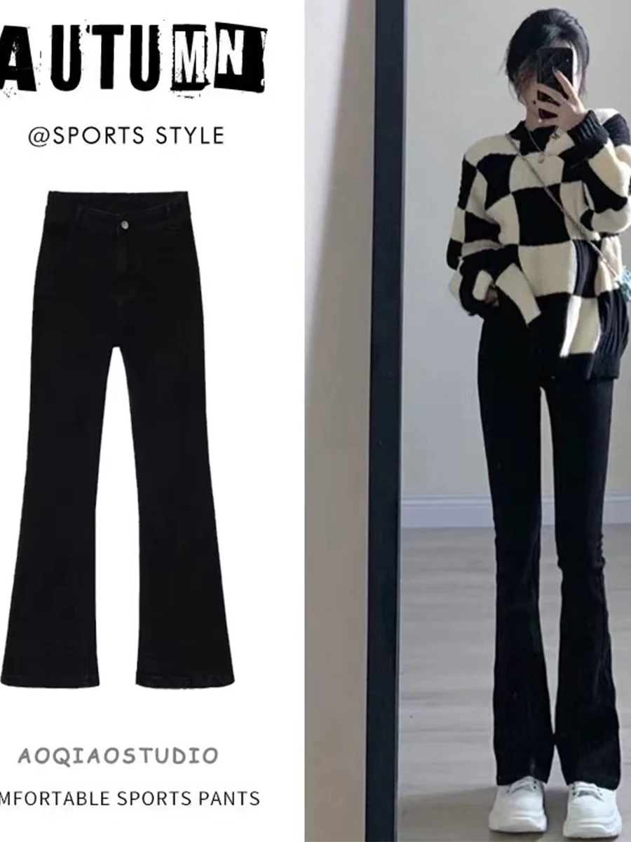 

Женские джинсы с высокой талией, расклешенные, эластичные, черные, из денима, весна-осень, большие размеры, для фигуры типа «груша», прямые, облегающие, с эффектом похудения