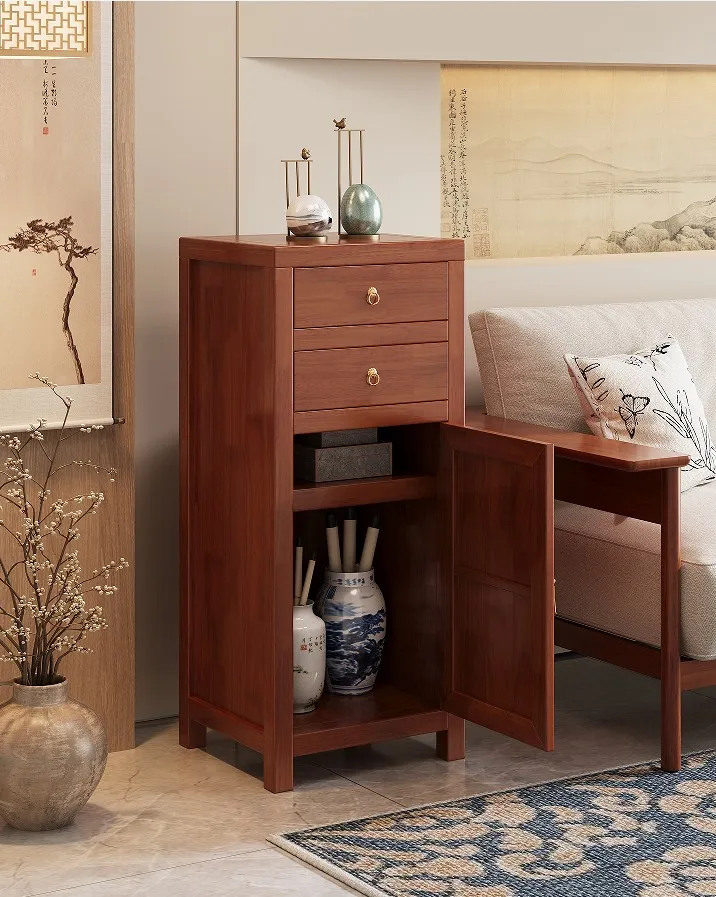 ￥%Modern Solid Wood 2-Drawer & 1-Door Storage Cabinet Living Room & Bedroom Side Cabinet with Brass Handle Eco-Friendly