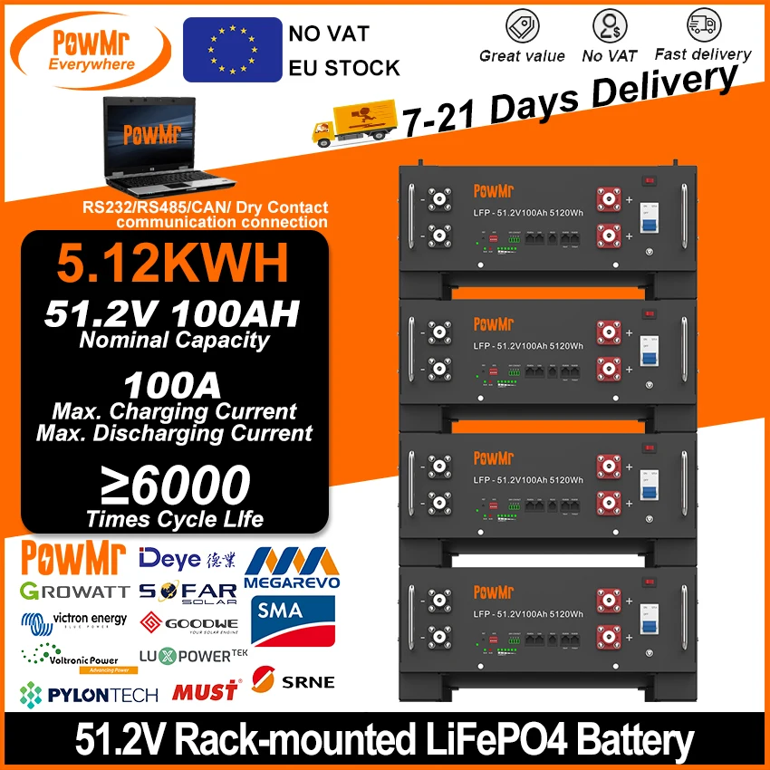 PowMr 51.2V 400Ah Rack-mounted 20KWH LiFePO4 Battery 6000+ Cycles Built in BMS RS485/CAN Support Parallel Use for Solar System